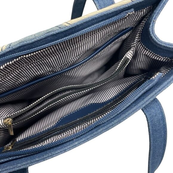 Blue and Cream Chevron Denim Structured Tote Shoulder Bag - Picture 3 of 8